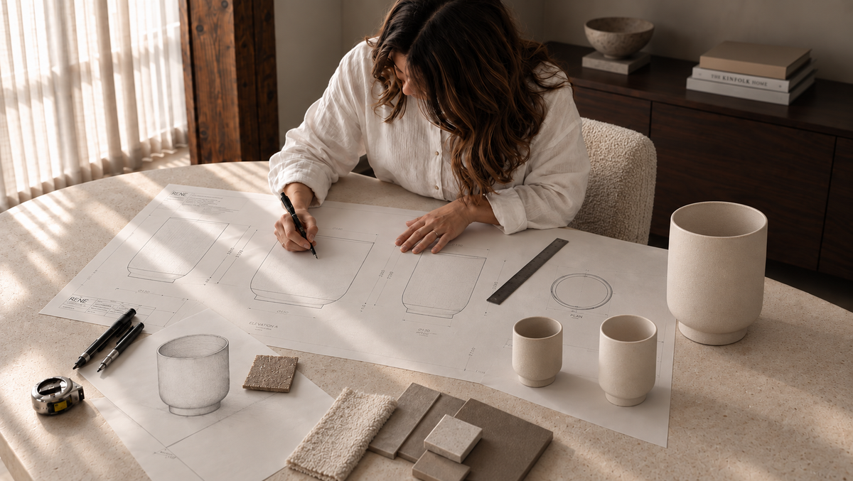 A woman in a white shirt sits at a table, writing on large architectural blueprints. The scene includes ceramic vases, sample tiles, a glass, pencils, and a ruler on a sunlit beige tablecloth in a modern interior.